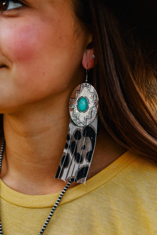 REBEL LIKE REBA TURQUOISE CONCHO WITH GREY LEOPARD FRINGE EARRINGS