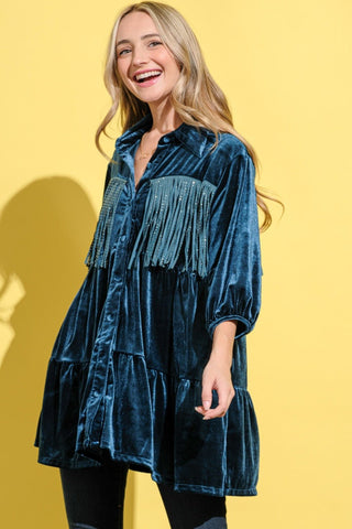 And The Why Fringe Detailed Velvet Shirt Dress - A Roese Boutique