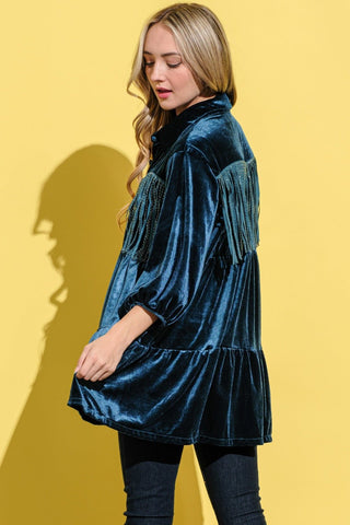 And The Why Fringe Detailed Velvet Shirt Dress - A Roese Boutique