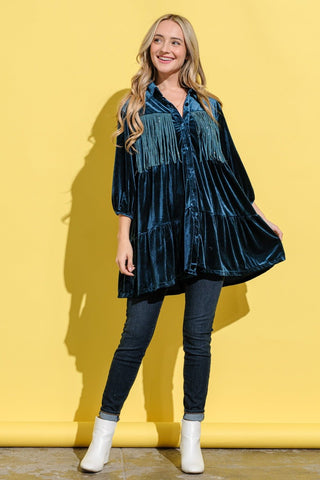 And The Why Fringe Detailed Velvet Shirt Dress - A Roese Boutique