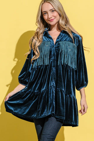 And The Why Fringe Detailed Velvet Shirt Dress - A Roese Boutique