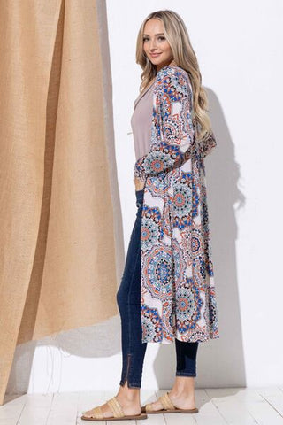 And The Why Printed Kimono Open Front Longline Cardigan - A Roese Boutique