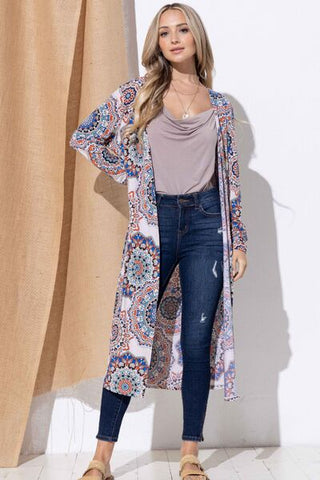 And The Why Printed Kimono Open Front Longline Cardigan - A Roese Boutique