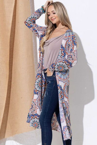 And The Why Printed Kimono Open Front Longline Cardigan - A Roese Boutique