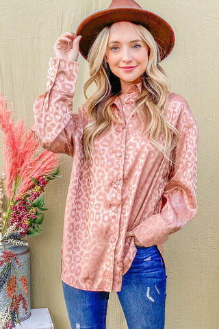 And The Why Satin Leopard Button Up Curved Hem Shirt - A Roese Boutique