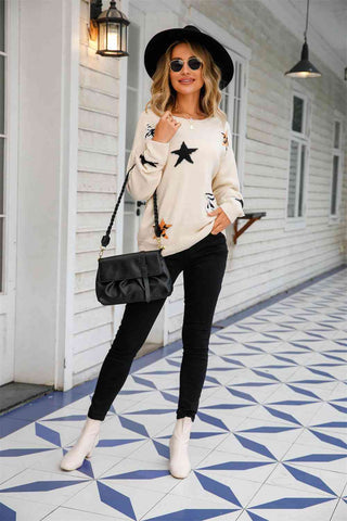 Angel Wings Star Pattern Round Neck Dropped Shoulder Sweater - A Roese Boutique