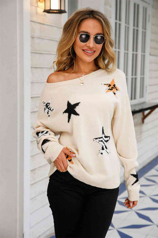 Angel Wings Star Pattern Round Neck Dropped Shoulder Sweater - A Roese Boutique