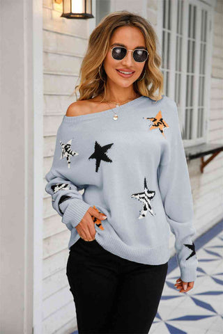 Angel Wings Star Pattern Round Neck Dropped Shoulder Sweater - A Roese Boutique