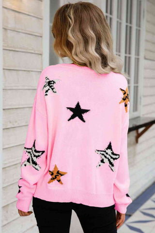 Angel Wings Star Pattern Round Neck Dropped Shoulder Sweater - A Roese Boutique