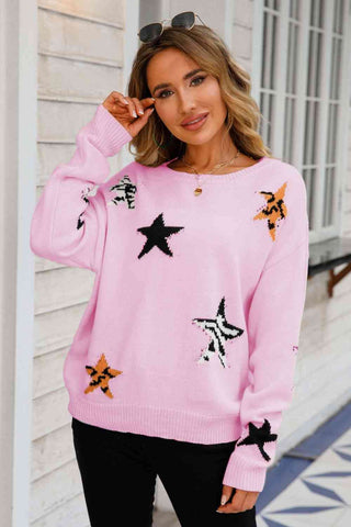 Angel Wings Star Pattern Round Neck Dropped Shoulder Sweater - A Roese Boutique