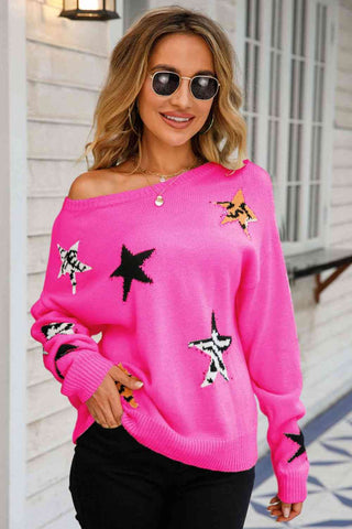 Angel Wings Star Pattern Round Neck Dropped Shoulder Sweater - A Roese Boutique