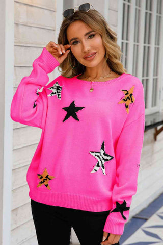 Angel Wings Star Pattern Round Neck Dropped Shoulder Sweater - A Roese Boutique