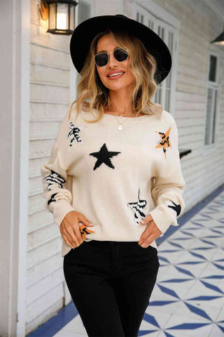 Angel Wings Star Pattern Round Neck Dropped Shoulder Sweater - A Roese Boutique