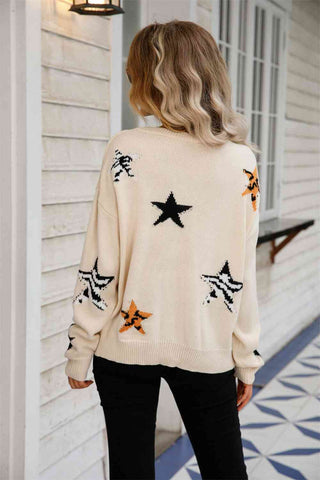 Angel Wings Star Pattern Round Neck Dropped Shoulder Sweater - A Roese Boutique