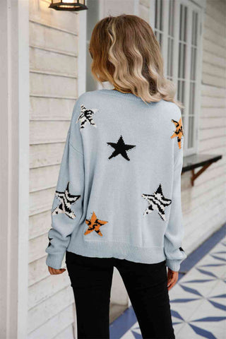 Angel Wings Star Pattern Round Neck Dropped Shoulder Sweater - A Roese Boutique