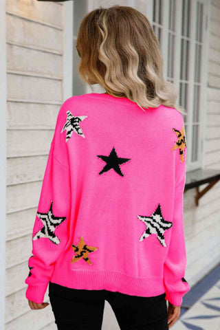 Angel Wings Star Pattern Round Neck Dropped Shoulder Sweater - A Roese Boutique