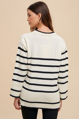 Annie Wear Side Slit Striped Round Neck Sweater - A Roese Boutique