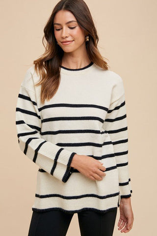 Annie Wear Side Slit Striped Round Neck Sweater - A Roese Boutique