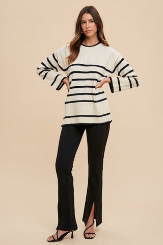 Annie Wear Side Slit Striped Round Neck Sweater - A Roese Boutique