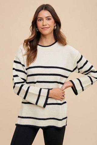 Annie Wear Side Slit Striped Round Neck Sweater - A Roese Boutique