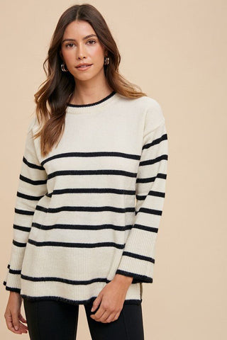 Annie Wear Side Slit Striped Round Neck Sweater - A Roese Boutique