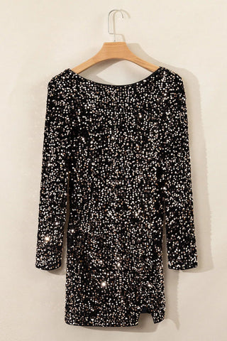 Backless Sequin Round Neck Long Sleeve Dress - A Roese Boutique