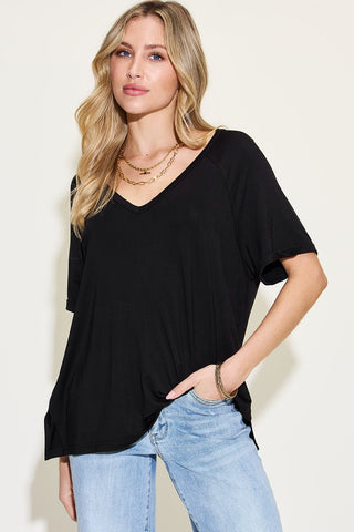 Basic Bae Full Size Bamboo Slit V-Neck Short Sleeve T-Shirt - A Roese Boutique