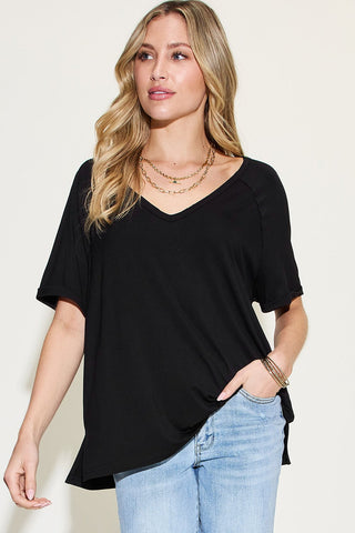 Basic Bae Full Size Bamboo Slit V-Neck Short Sleeve T-Shirt - A Roese Boutique