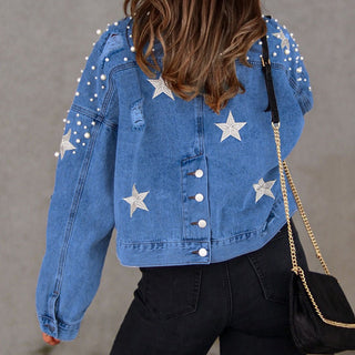 Bead Detail Denim Jacket - A Roese Boutique