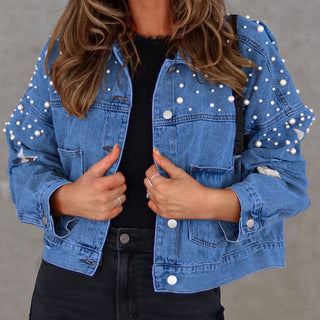 Bead Detail Denim Jacket - A Roese Boutique