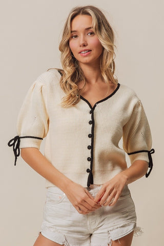 BiBi Contrast Binding Buttoned Cardigan - A Roese Boutique