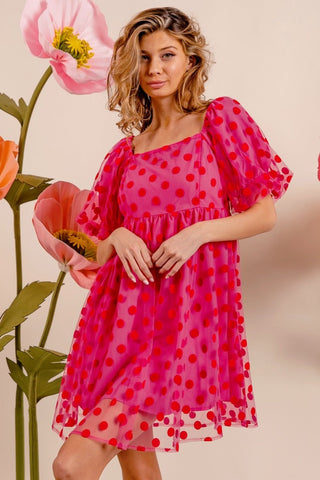 BiBi Polka Dot Mesh Puff Sleeve Dress - A Roese Boutique