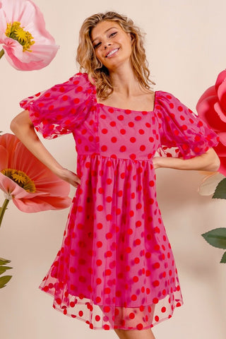 BiBi Polka Dot Mesh Puff Sleeve Dress - A Roese Boutique