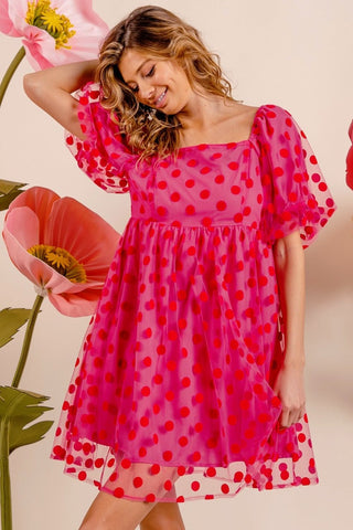 BiBi Polka Dot Mesh Puff Sleeve Dress - A Roese Boutique