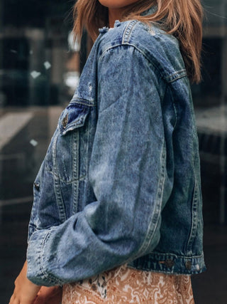 Button Up Collared Neck Distressed Denim Jacket - A Roese Boutique