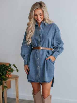 Button Up Collared Neck Long Sleeve Denim Dress - A Roese Boutique