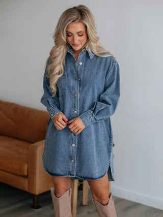 Button Up Collared Neck Long Sleeve Denim Dress - A Roese Boutique