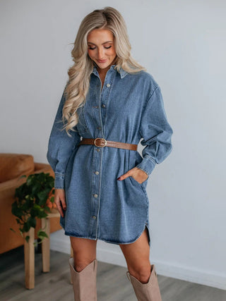 Button Up Collared Neck Long Sleeve Denim Dress - A Roese Boutique