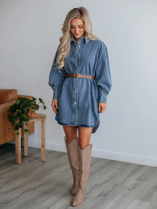 Button Up Collared Neck Long Sleeve Denim Dress - A Roese Boutique