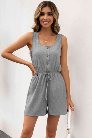 Buttoned Round Neck Sleeveless Romper - A Roese Boutique