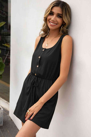 Buttoned Round Neck Sleeveless Romper - A Roese Boutique