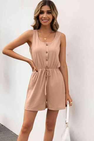 Buttoned Round Neck Sleeveless Romper - A Roese Boutique