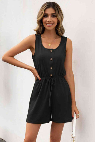 Buttoned Round Neck Sleeveless Romper - A Roese Boutique