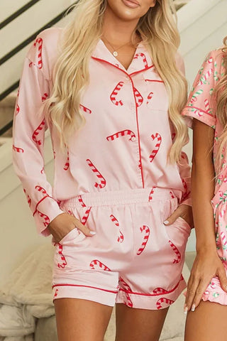 Candy Cane Collared Neck Long Sleeve Top and Shorts Lounge Set - A Roese Boutique