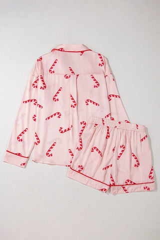 Candy Cane Collared Neck Long Sleeve Top and Shorts Lounge Set - A Roese Boutique