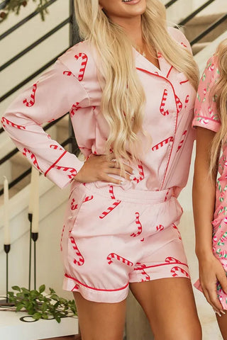 Candy Cane Collared Neck Long Sleeve Top and Shorts Lounge Set - A Roese Boutique