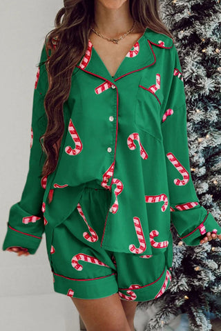 Candy Cane Collared Neck Long Sleeve Top and Shorts Lounge Set - A Roese Boutique