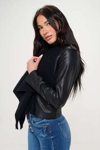 Coalition LA Knit Collared Faux Leather Crop Jacket - A Roese Boutique