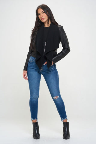 Coalition LA Knit Collared Faux Leather Crop Jacket - A Roese Boutique