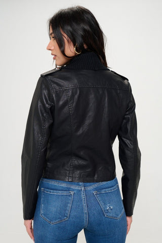 Coalition LA Knit Collared Faux Leather Crop Jacket - A Roese Boutique